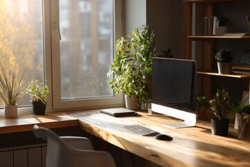 Poster - Home office interior design features a computer workstation near a window in a bright workspace