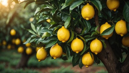 Aufkleber - Collection of fresh ripe lemons on a tree limb in a sunlit garden