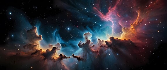Wall Mural - colorful nebula clouds bursting with star clusters on a cosmic black background