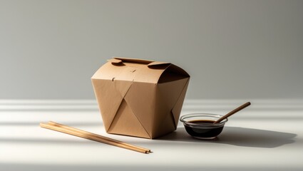 Poster - Cardboard food container in brown paper with chopsticks and spoon