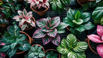 Aufkleber - Different Species of Calathea in Pots Featuring Unique Foliage