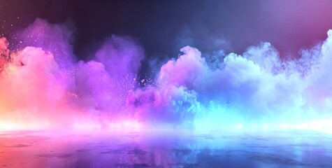 Poster - The setting is a dimly lit empty room with bare walls, illuminated by neon lights and filled with smoke and smog, featuring blue and pink hues under ultraviolet lighting