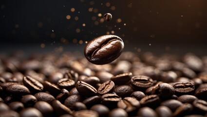 Poster - Brown Roasted Coffee Beans in Closeup on a Dark Backdrop