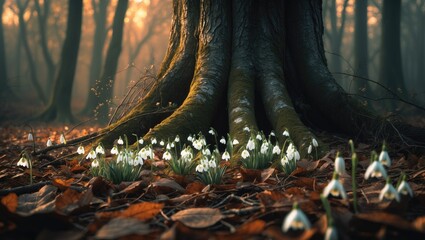 Poster - Peaceful Forest Base with Snowdrops Sprouting Amongst Leaf Litter