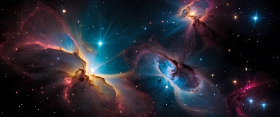 Wall Mural - colorful cosmic nebulae bursting with glowing star clusters set against deep black galactic canvases
