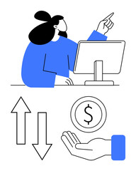Poster - woman pointing while working at computer. visuals include a hand holding a dollar coin, arrows showi
