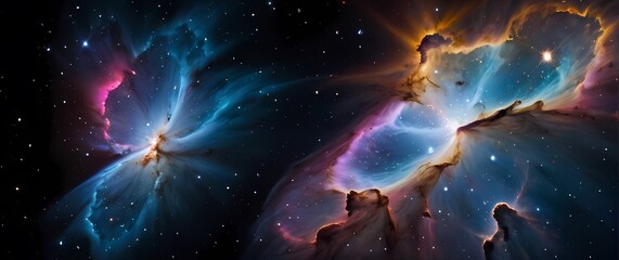 Wall Mural - colorful cosmic nebulae bursting with glowing star clusters set against deep black galactic backgrou