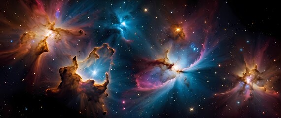 Wall Mural - colorful cosmic nebulae bursting with bright star clusters against a deep black space canvas