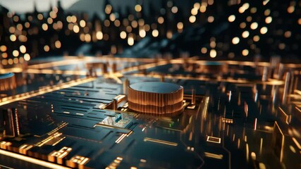 Poster - Circuit board detail with blurred city lights. Intricate technology pattern. Artificial intelligence concept. Modern electronic components with glowing gold. Abstract digital background.