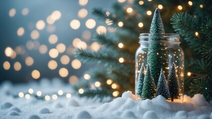 Aufkleber - Holiday Card - Merry Christmas and Happy New Year - Snowy Christmas Tree with Beautiful Bokeh Lights - Winter Background Banner, Header, Xmas Wishes
