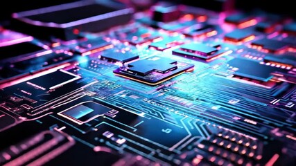 Poster - Electronic circuit board close up with illuminated pathways. Data processing and computer technology. Integrated microchips on a dark background glowing with color.