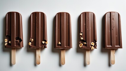 Poster - Isolated arrangement of chocolate popsicle ice cream with nuts in a row