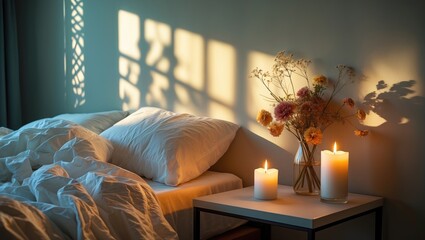 Aufkleber - Burning Candles Surrounded by Flowers in Bedroom Vase