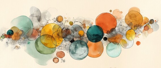 Poster - The background style of abstract modern art boasts a colorful arrangement of circles and spots in pink, blue, yellow, red, green, and purple, all on a light beige or white foundation