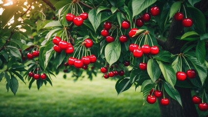 Aufkleber - Cherry fruits poised on branches, ready for picking
