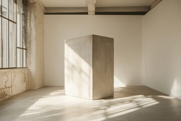 Fototapete - Minimalist interior with light streaming across a block-shaped concrete object, accentuating texture and shadows in a simple space.