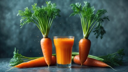 Aufkleber - Glass of carrot juice alongside fresh carrots Healthy food