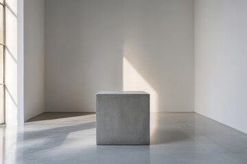 Fototapete - A concrete cube in an empty, white-walled room with sunlight casting shadows on the floor and walls, creating a minimalist aesthetic.