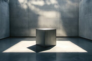 Fototapete - A cube, starkly lit in a stark concrete space, stands as a minimalist study of light and form. Clean lines meet the organic touch of nature.