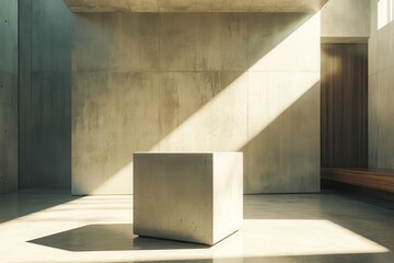 Fototapete - Minimalist Concrete Space: A study of light and shadow creates a serene architectural environment, highlighting geometric forms and textures.