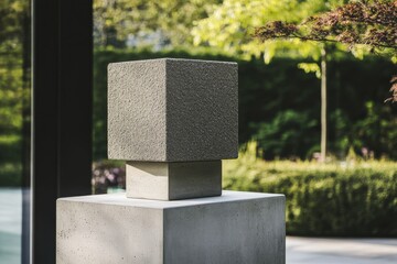 Poster - Outdoor garden sculpture composed of stacked concrete cubes, set against a verdant backdrop of foliage and trees.