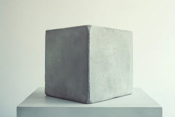 Aufkleber - Monochromatic minimalist: A gray, geometric cube on a matching stand, set against a pristine white backdrop. Simple, elegant, and structural.
