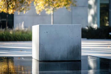 Poster - Concrete cube in water feature, reflecting trees. Urban minimalist design, modern aesthetic. Serene and calming water reflection.
