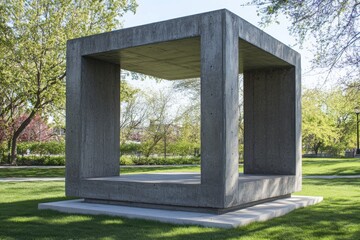 Poster - Large concrete cube structure on a grassy lawn, a modern and minimal architectural design creating open space and framed views.