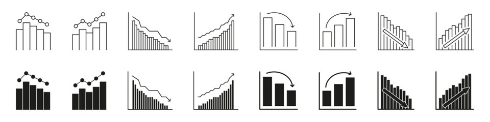Poster - Bar And Line Graphs Line And Solid Icon Set. Data Analysis, Financial Trends, And Business Performance Visualization Symbol Collection. Statistical Market Insights. Isolated Vector Illustration