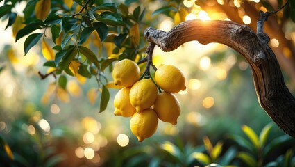 Aufkleber - Groups of ripe yellow lemons with green leaves on lemon tree branches in the garden.
