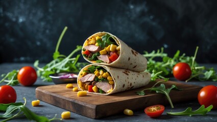 Poster - Wrapped beef and vegetable burritos on a dark background