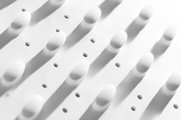 Poster - Abstract design featuring uniformly spaced, pill-shaped white objects and circular holes, creating a modern, minimalist aesthetic.