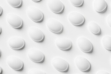 Poster - Pattern of uniformly spaced, solid white, egg-shaped objects, creating a minimalist and clean aesthetic on a bright, neutral background.