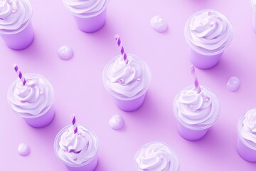 Poster - Pastel Delight: A Pattern of Frothy Drinks with Striped Straws and Sprinkles on a light purple backdrop. Sweet treat.