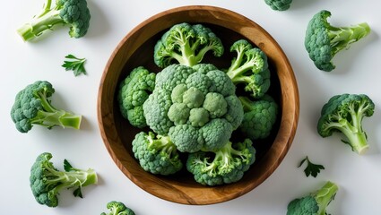 Poster - Top View of Broccoli, Cabbage, or Cauliflower on a White Background. Flat Lay with Empty Space for Text