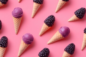 Poster - Vibrant pink background filled with cones topped with purple ice cream and fresh blackberries creates a playful dessert pattern.