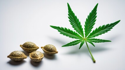 Aufkleber - Hemp seeds germinating. Development of cannabis plants, sativa or indica. Close-up view of green leaf on a white background.