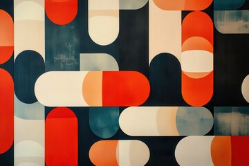 Poster - Abstract geometric shapes in red, cream and blue create a modern and visually stimulating pattern. Decorative shapes and colors.