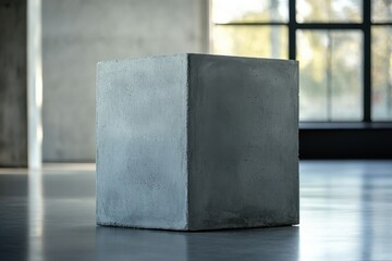 Aufkleber - Isolated solid concrete cube resting on glossy floor; stark, minimalist composition set against blurred window background.