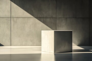 Fototapete - Modern minimalist composition: Concrete cube bathed in sunlight against a textured concrete wall, evoking serenity and architectural simplicity.