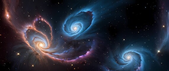 Wall Mural - bright cosmic nebulae swirling with glowing star clusters set against deep black galactic background