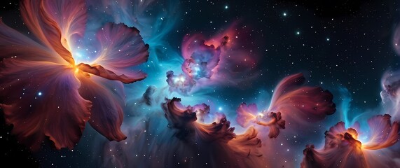 Wall Mural - bright colorful nebula clouds shaped like giant cosmic flowers beside distant star clusters