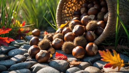 Aufkleber - Basket filled with chestnuts and colorful foliage in sunny conditions