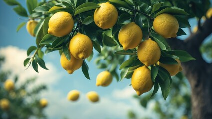 Aufkleber - Framed composition of fresh yellow lemons and green leaves