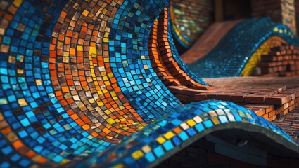 Poster - Wall embellished with colored bricks and mosaic tiles, depicted in dark tones.
