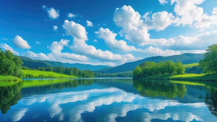 Aufkleber - Peaceful lake showcasing reflections of clouds and mountains