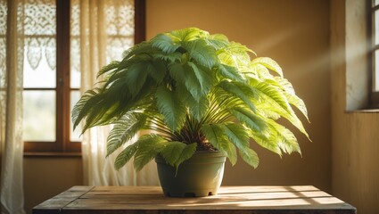 Poster - Chamaedorea in Pot Resting on Wooden Table Beside Window in Room