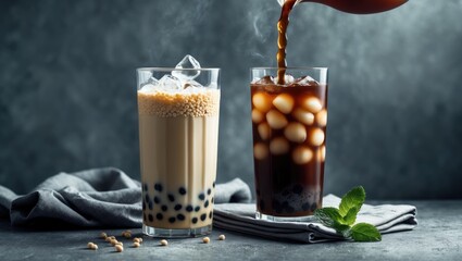 Aufkleber - A healthy, refreshing drink of bubble tea made with tapioca, milk, and ice, viewed from the side against a gray background