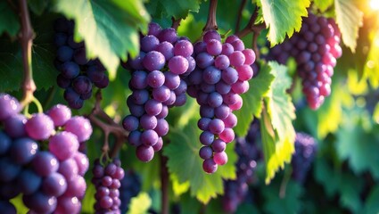 Aufkleber - Vineyard garden with clusters of purple grapes. Fresh and juicy ripe grapes up close.