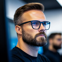 Poster - Focused Man Working Intently in a Modern Office Environment During the Day